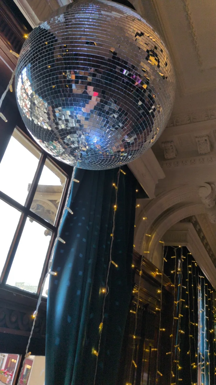 Mirror ball and venue fairy lights